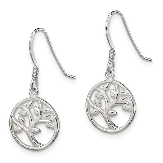 Sterling Silver Polished Tree Dangle Shepherd Hook Earrings