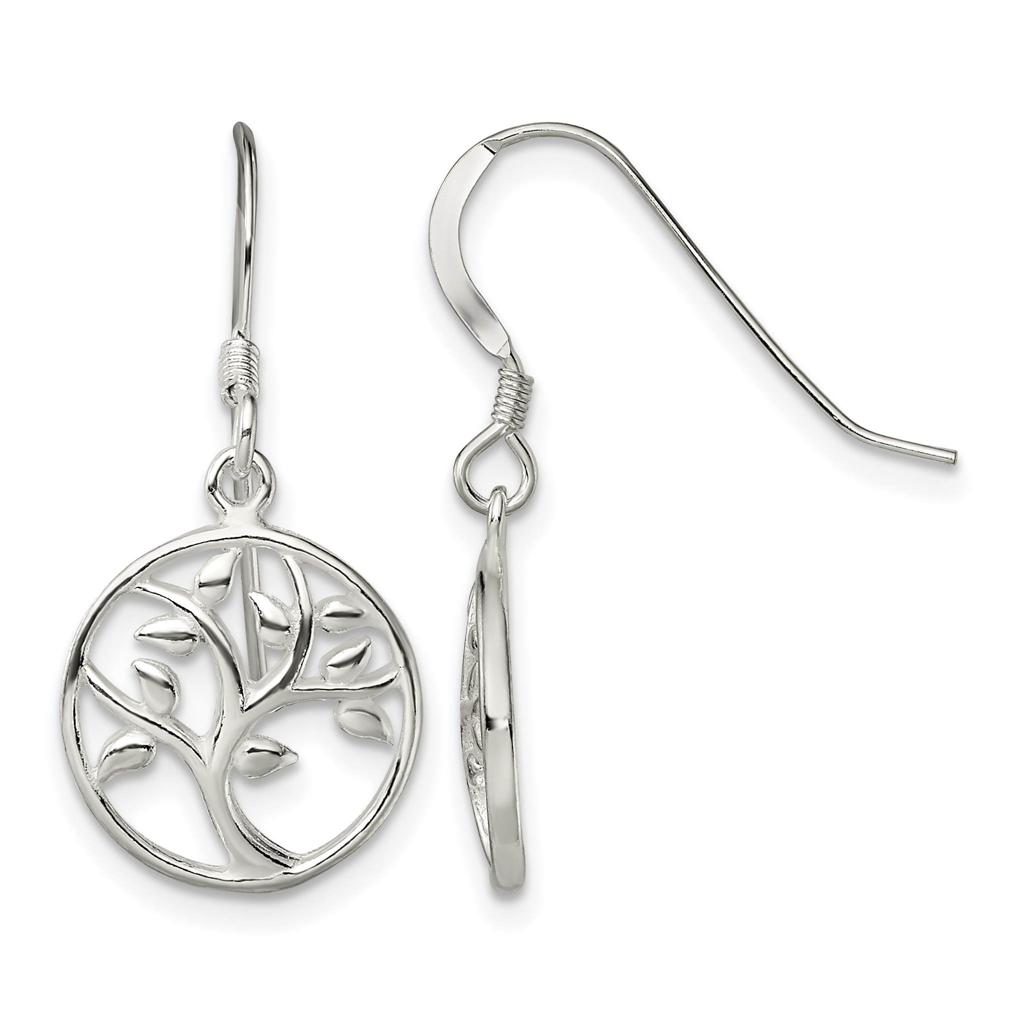 Sterling Silver Polished Tree Dangle Shepherd Hook Earrings (QE13563)