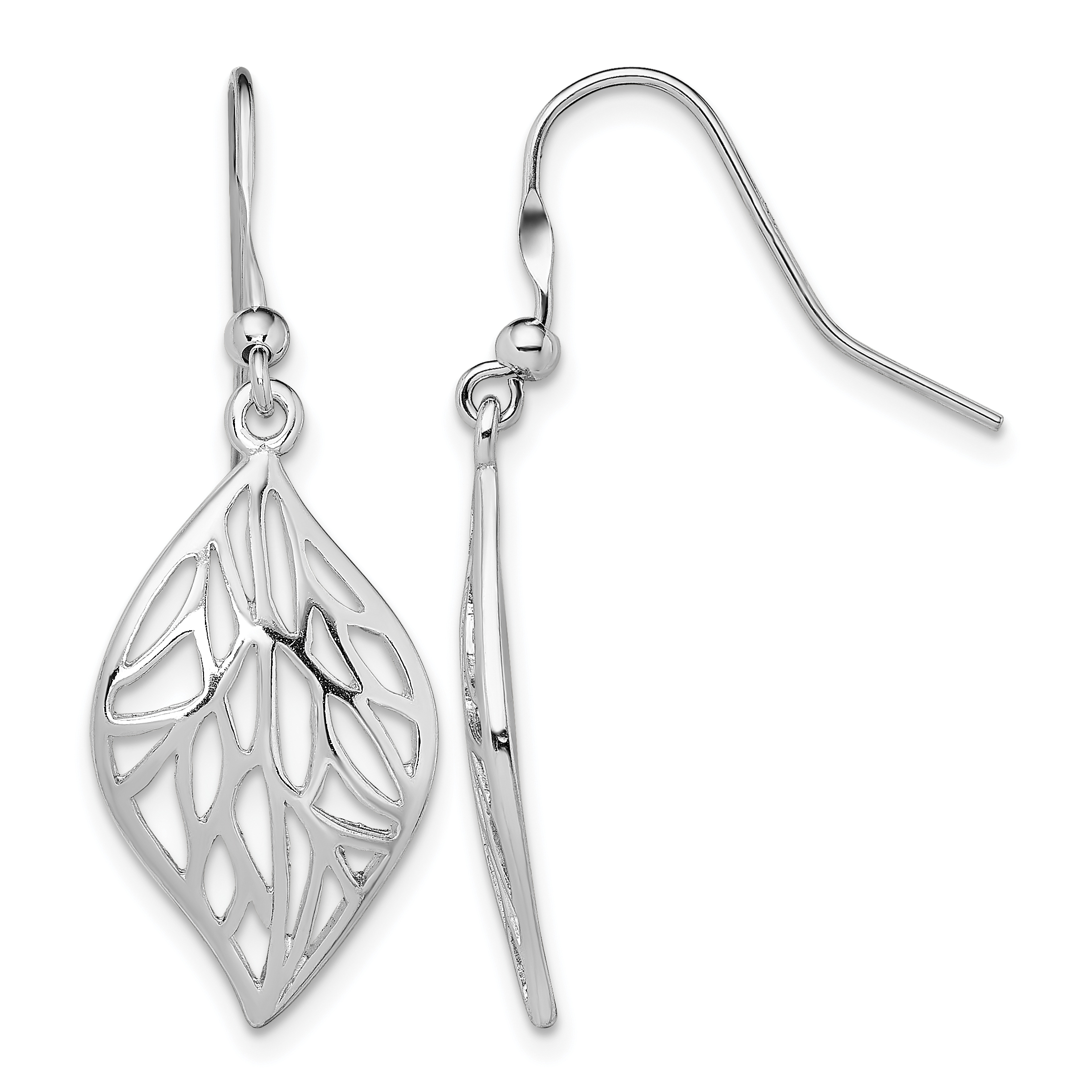 Sterling Silver Rhodium-plated Leaf Polished Dangle Earrings (QE13564)