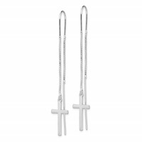 Sterling Silver Rhodium-plated Polished Latin Cross Threader Earrings view 2