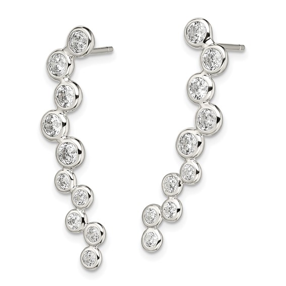 Sterling Silver Rhod-plated Polished Bezel CZ Post Ear Climber Earrings