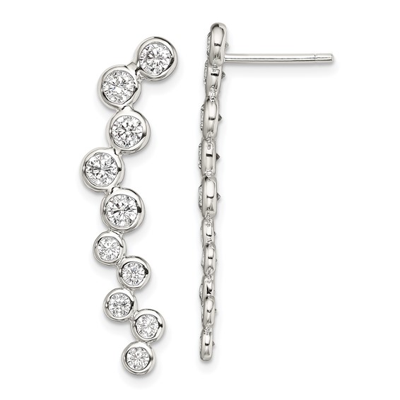 Sterling Silver Rhod-plated Polished Bezel CZ Post Ear Climber Earrings