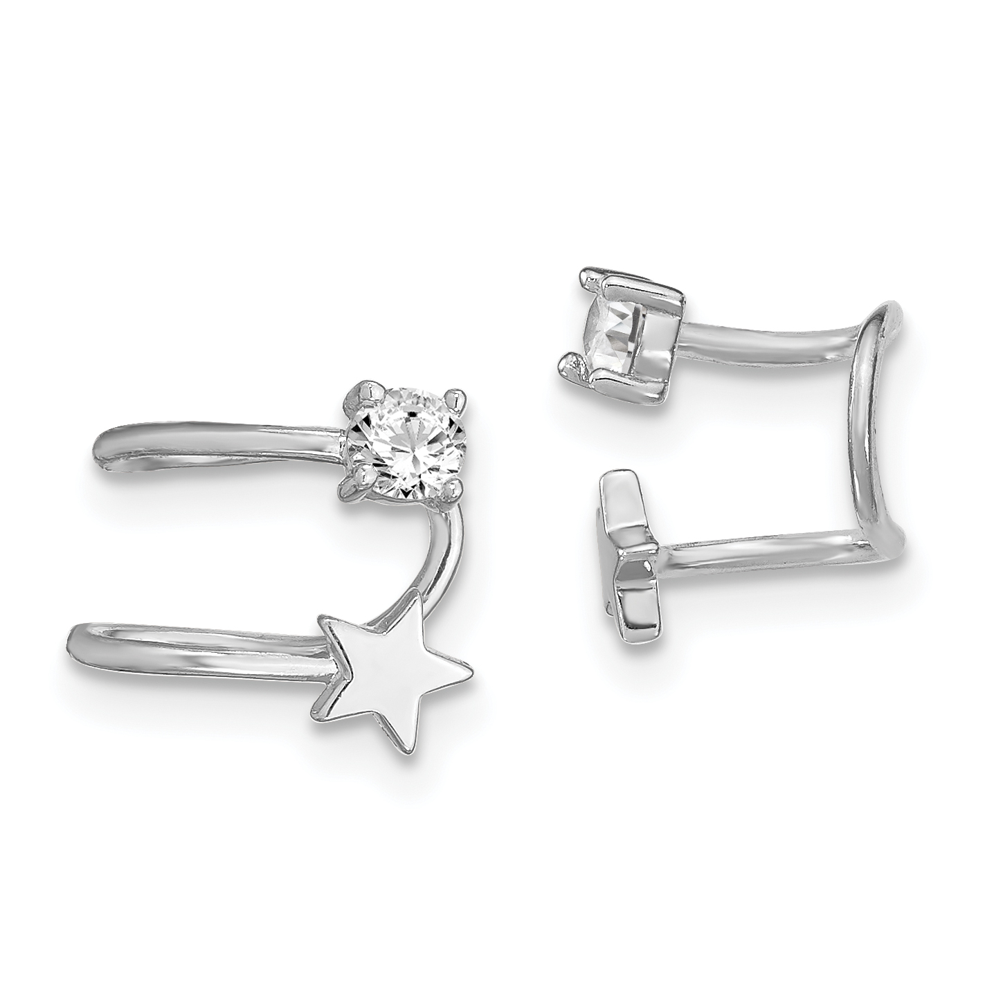 Sterling Silver Rhodium-plated Polished CZ & Star Single Cuff Earring (QE13674)
