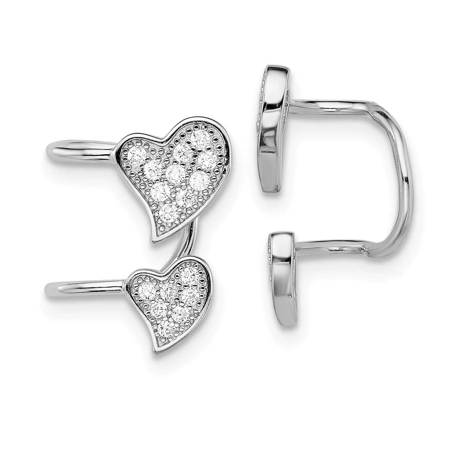 Sterling Silver Rhodium-plated Polished CZ Double Heart Right Cuff Earring (QE13677)