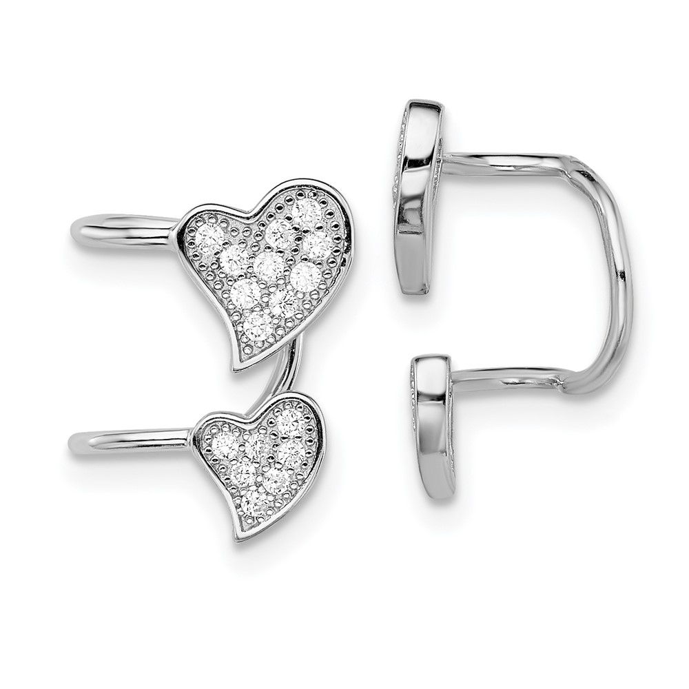 Sterling Silver Rhodium-plated Polished CZ Double Heart Right Cuff Earring (QE13677)