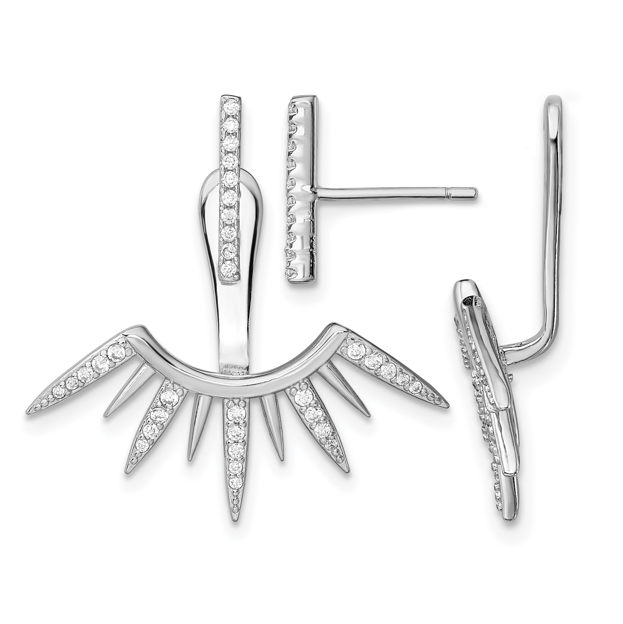 Sterling Silver Rhodium-plated CZ Bar & Spikes Front & Back Post Earrings (QE13697)