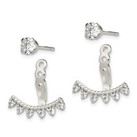 Sterling Silver Polished Beaded Curve & CZ Front & Back Post Earrings view 2