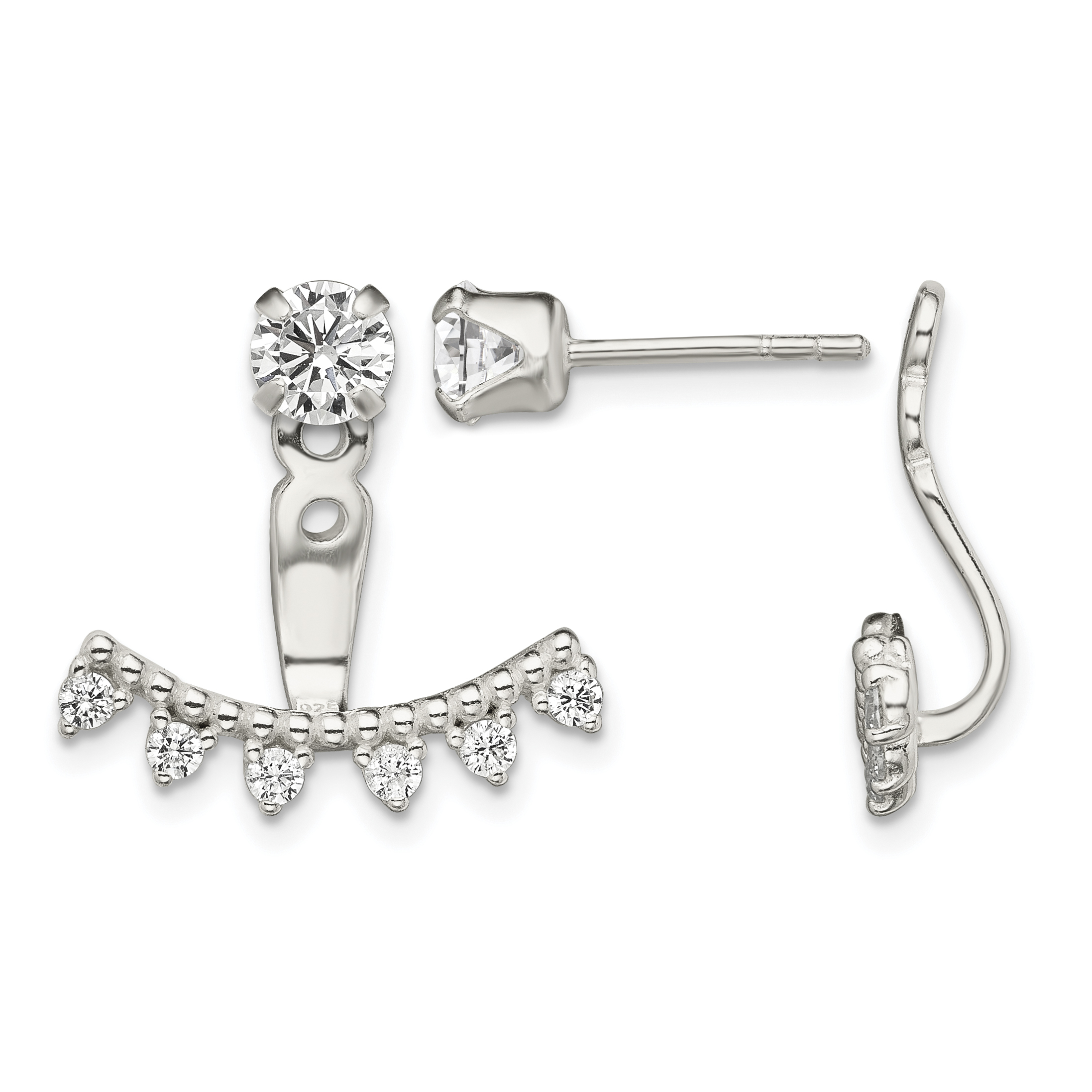 Sterling Silver Polished Beaded Curve & CZ Front & Back Post Earrings (QE13703)