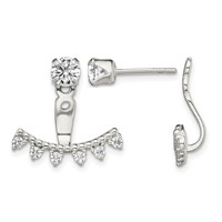 Sterling Silver Polished Beaded Curve & CZ Front & Back Post Earrings view 1