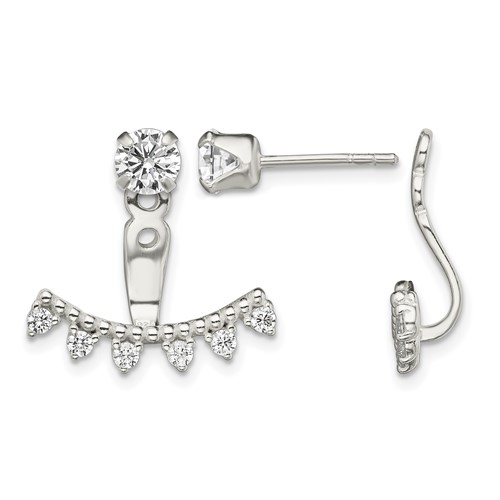 Sterling Silver Polished Beaded Curve & CZ Front & Back Post Earrings