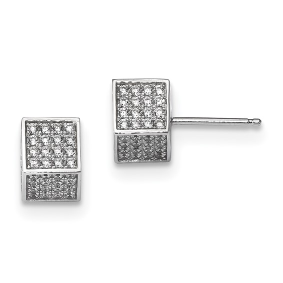 Pure Fire Sterling Silver Rhod-plated CZ 3D Square Post Earrings