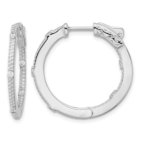 Sterling Silver Rhod-plated CZ in Out Round Hinged Hoop Earrings