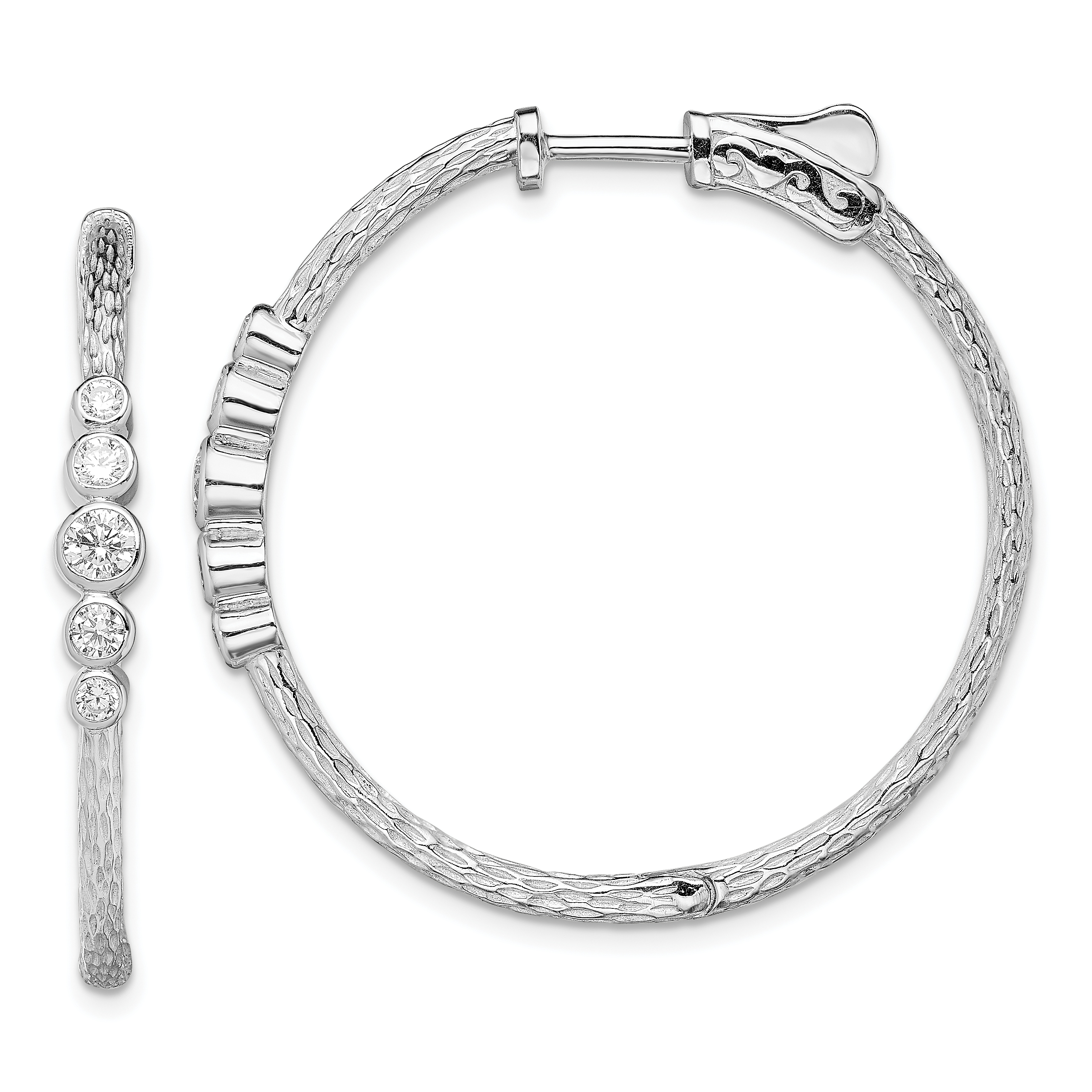 Sterling Silver Rhodium-plated CZ Textured Hoop Earrings (QE13718)