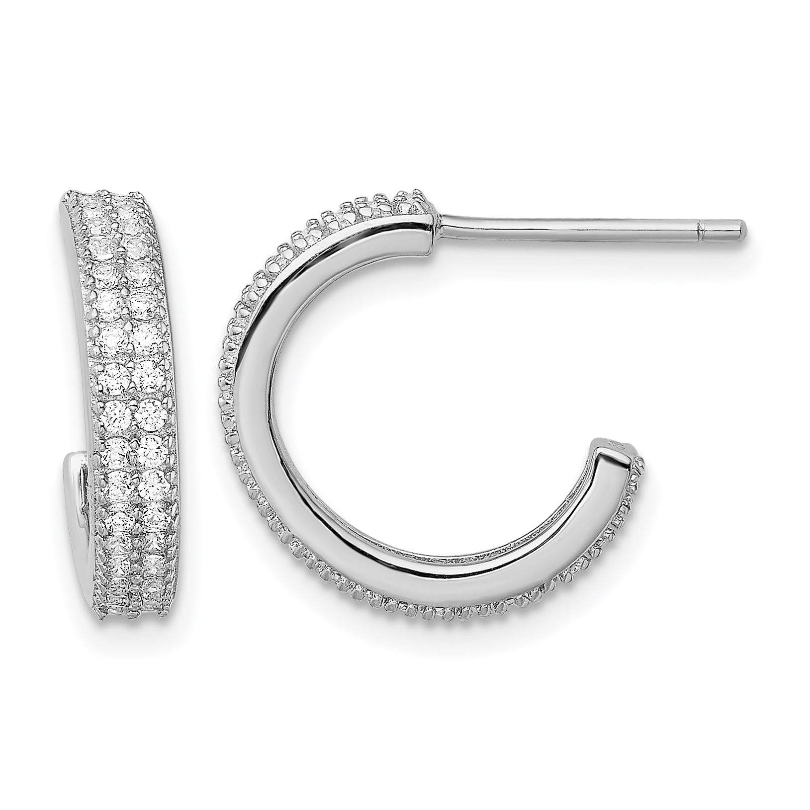 Sterling Silver Rhodium-plated CZ 14x3.5mm C-Hoop Post Earrings (QE13742)