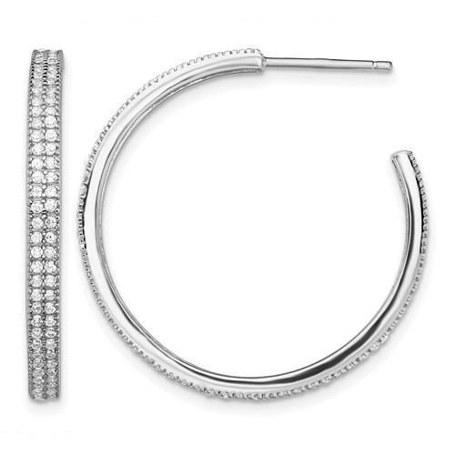 Sterling Silver Rhodium-plated CZ 30x 3mm Hoop Earrings
