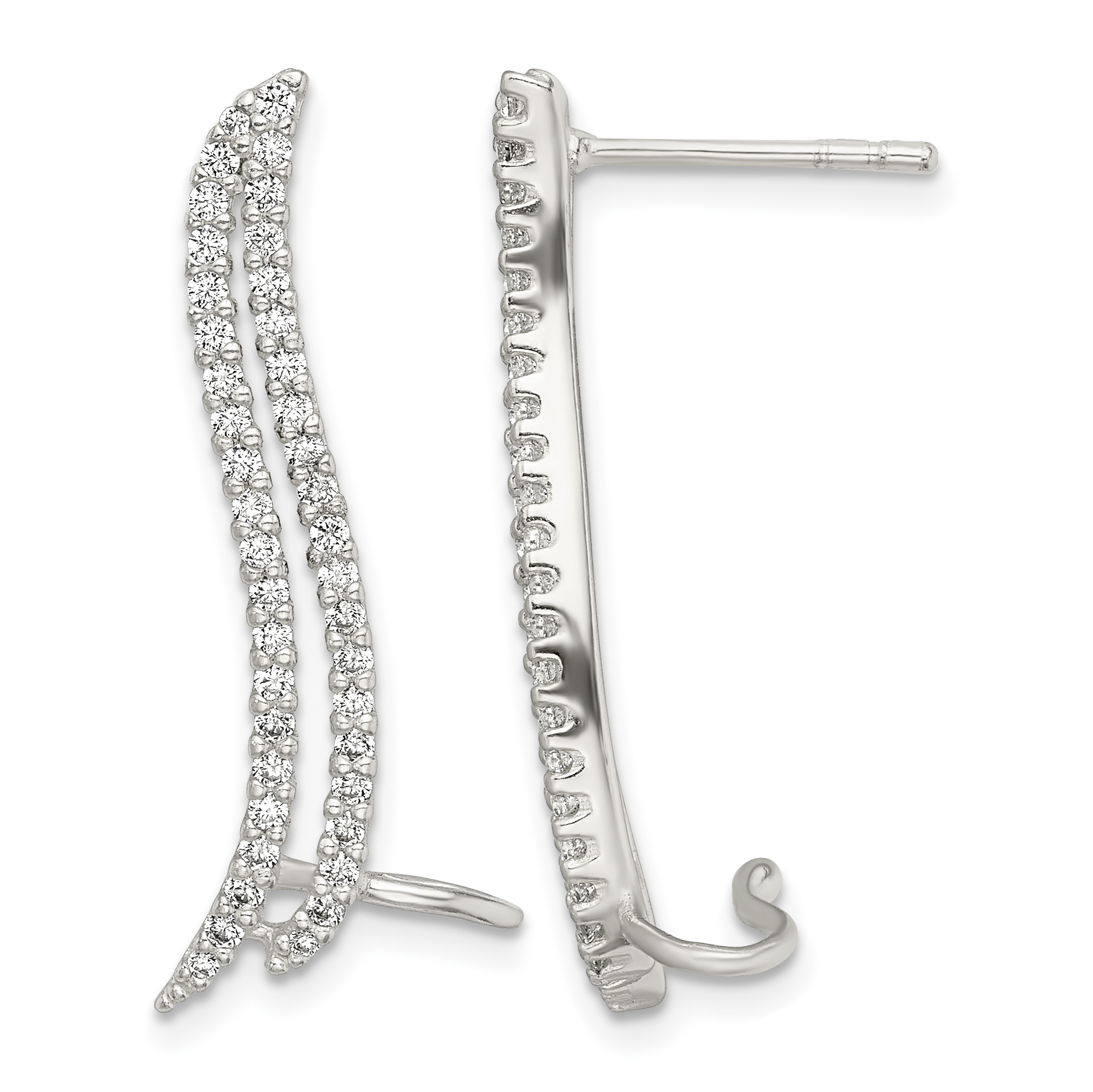 Sterling Silver Polished CZ Double Row Post & Cuff Ear Climber Earrings (QE13755)