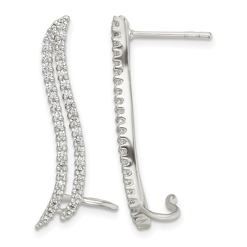 Sterling Silver Polished CZ Double Row Post & Cuff Ear Climber Earrings