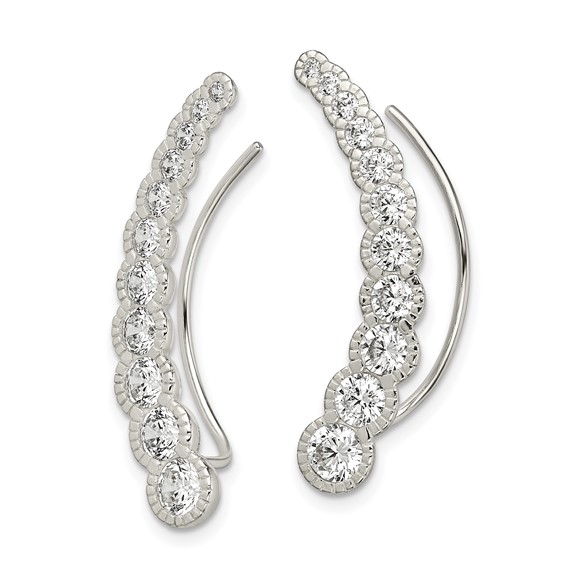 Sterling Silver Polished & Textured Graduated CZ Ear Climber Earrings