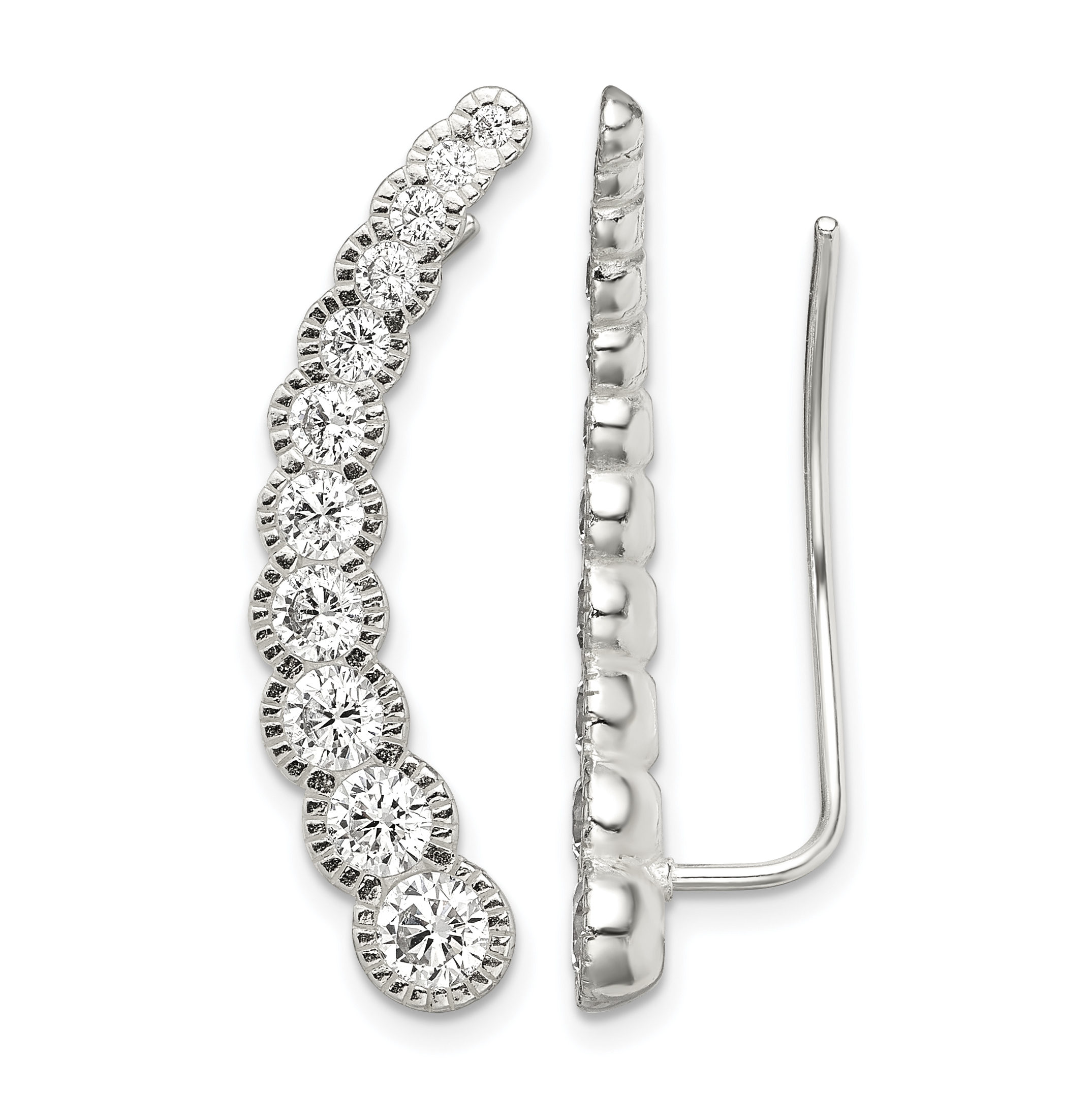 Sterling Silver Polished & Textured Graduated CZ Ear Climber Earrings (QE13759)