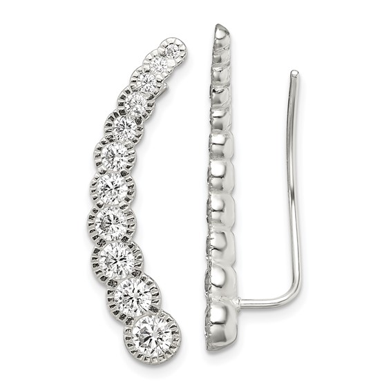 Sterling Silver Polished & Textured Graduated CZ Ear Climber Earrings