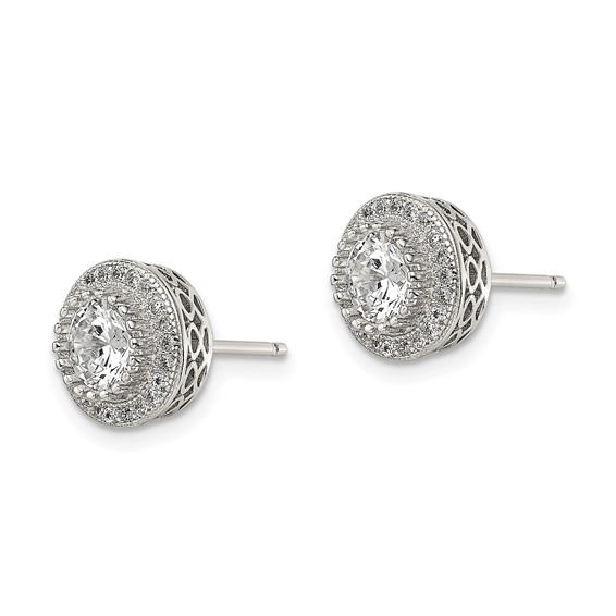 Sterling Silver Rhod-plated Polished Pavé CZ Halo Round Post Earrings