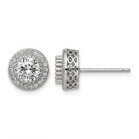 Sterling Silver Rhod-plated Polished Pavé CZ Halo Round Post Earrings view 1