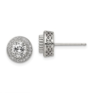 Sterling Silver Rhod-plated Polished Pavé CZ Halo Round Post Earrings