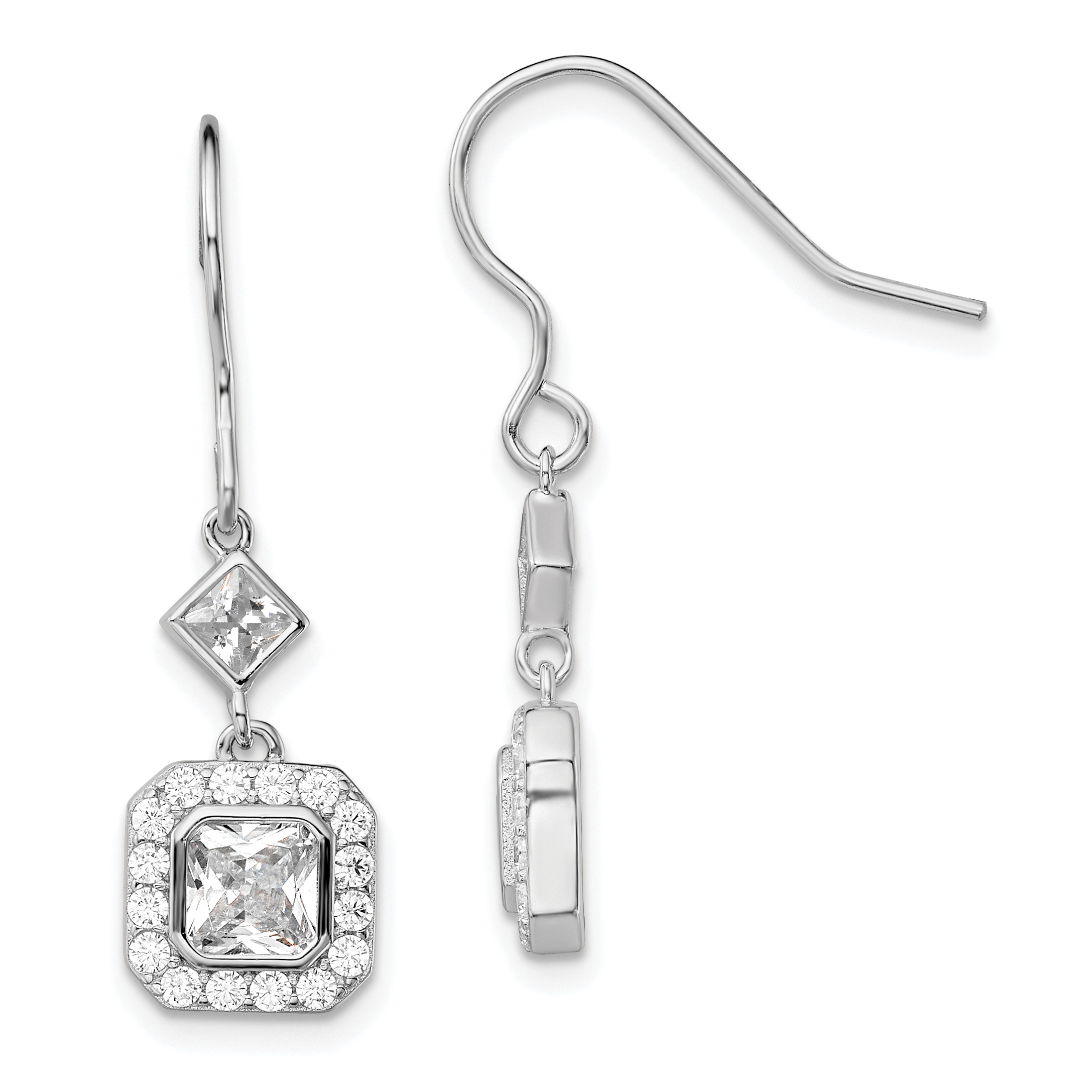 Sterling Silver Rhodium-plated Polished Square CZ Halo Dangle Earrings (QE13768)