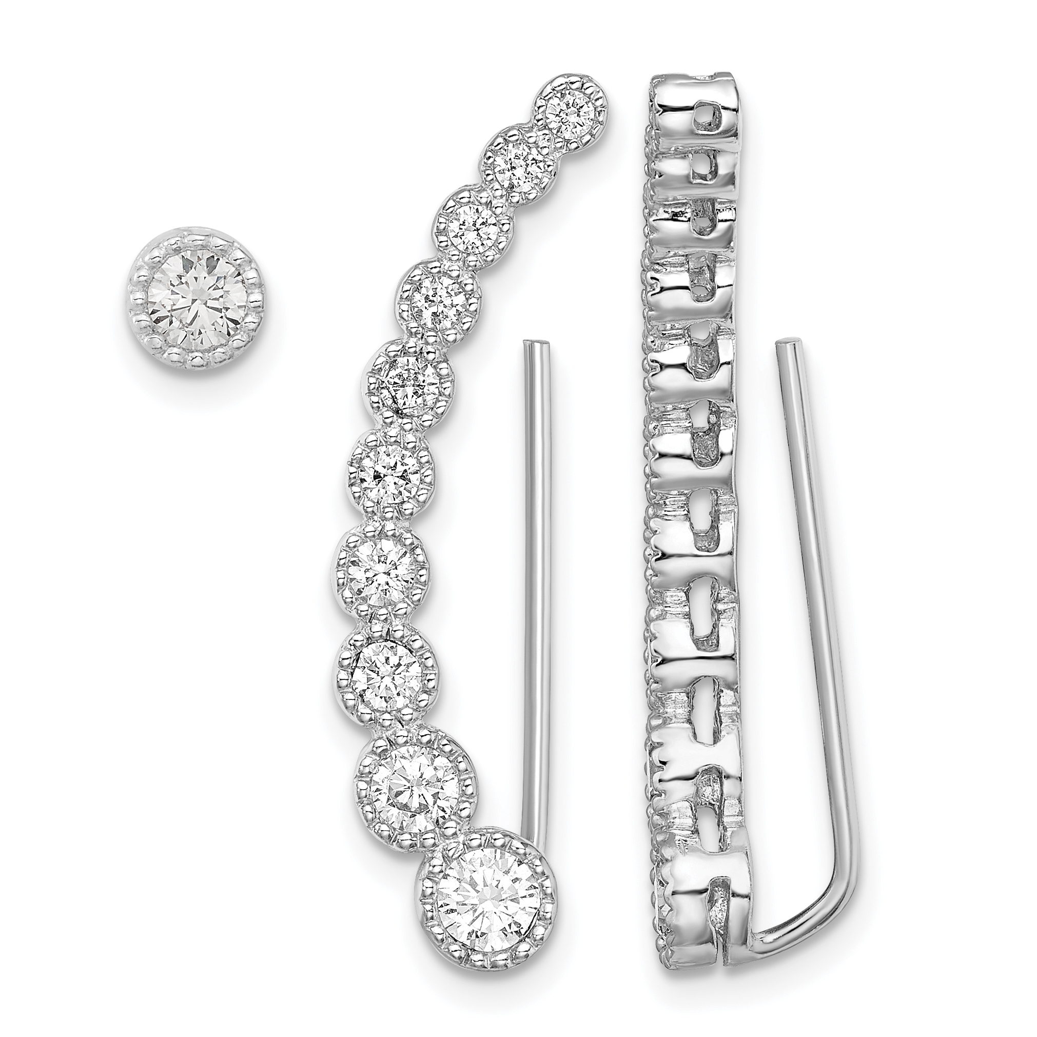 Sterling Silver RH-plated Polished & Textured CZ 1 Ear Climber & 1 Stud Ear (QE13770)