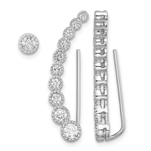 Sterling Silver RH-plated Polished & Textured CZ 1 Ear Climber & 1 Stud Ear