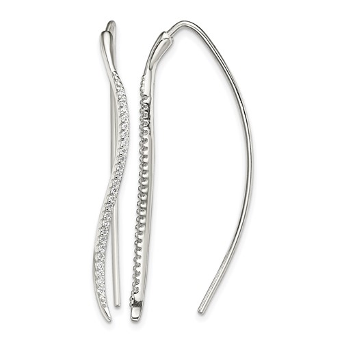 Sterling Silver Polished CZ Curved Bar Threader Earrings