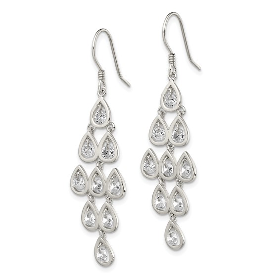 Sterling Silver RH-pltd Polished Fancy Pear CZ Chandelier Dangle Earrings