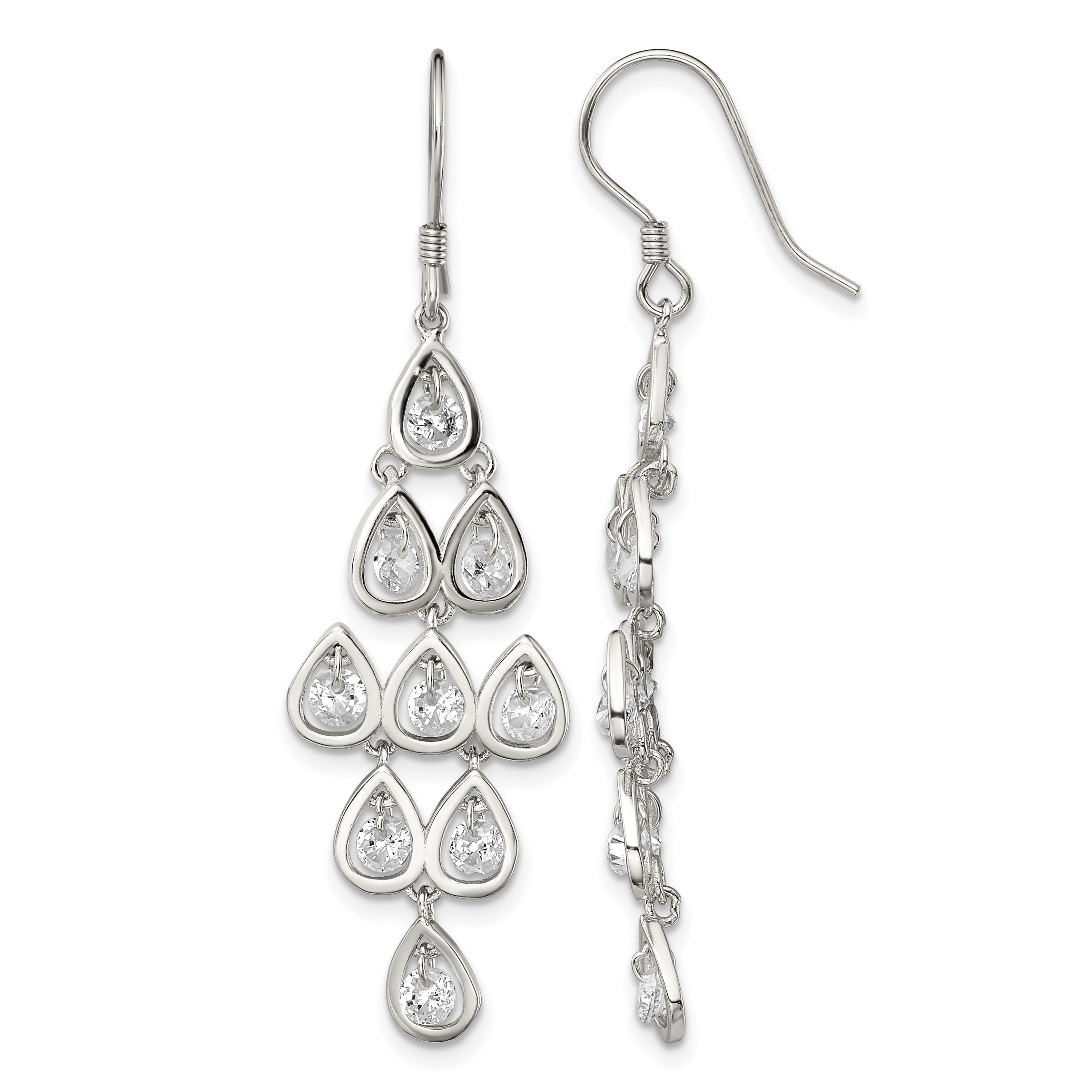 Sterling Silver RH-pltd Polished Fancy Pear CZ Chandelier Dangle Earrings (QE13789)