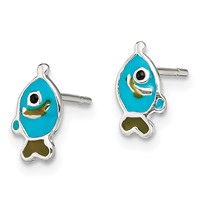 Sterling Silver Polished Enameled Fish Post Earrings view 2