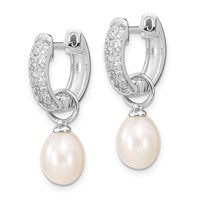 Sterling Silver Rhodium-plated 7-8mm Black and White Rice Freshwater Cultured Pearl and CZ Interchangeable Post Earrings Set view 5