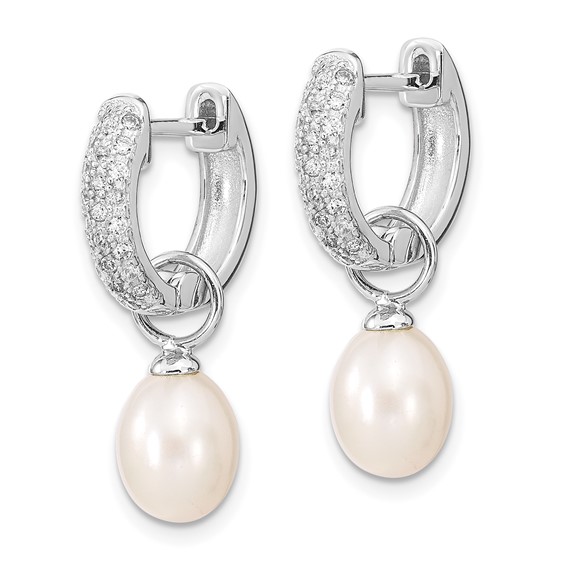 Sterling Silver Rhodium-plated 7-8mm Black and White Rice Freshwater Cultured Pearl and CZ Interchangeable Post Earrings Set