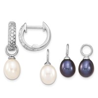 Sterling Silver Rhodium-plated 7-8mm Black and White Rice Freshwater Cultured Pearl and CZ Interchangeable Post Earrings Set view 1