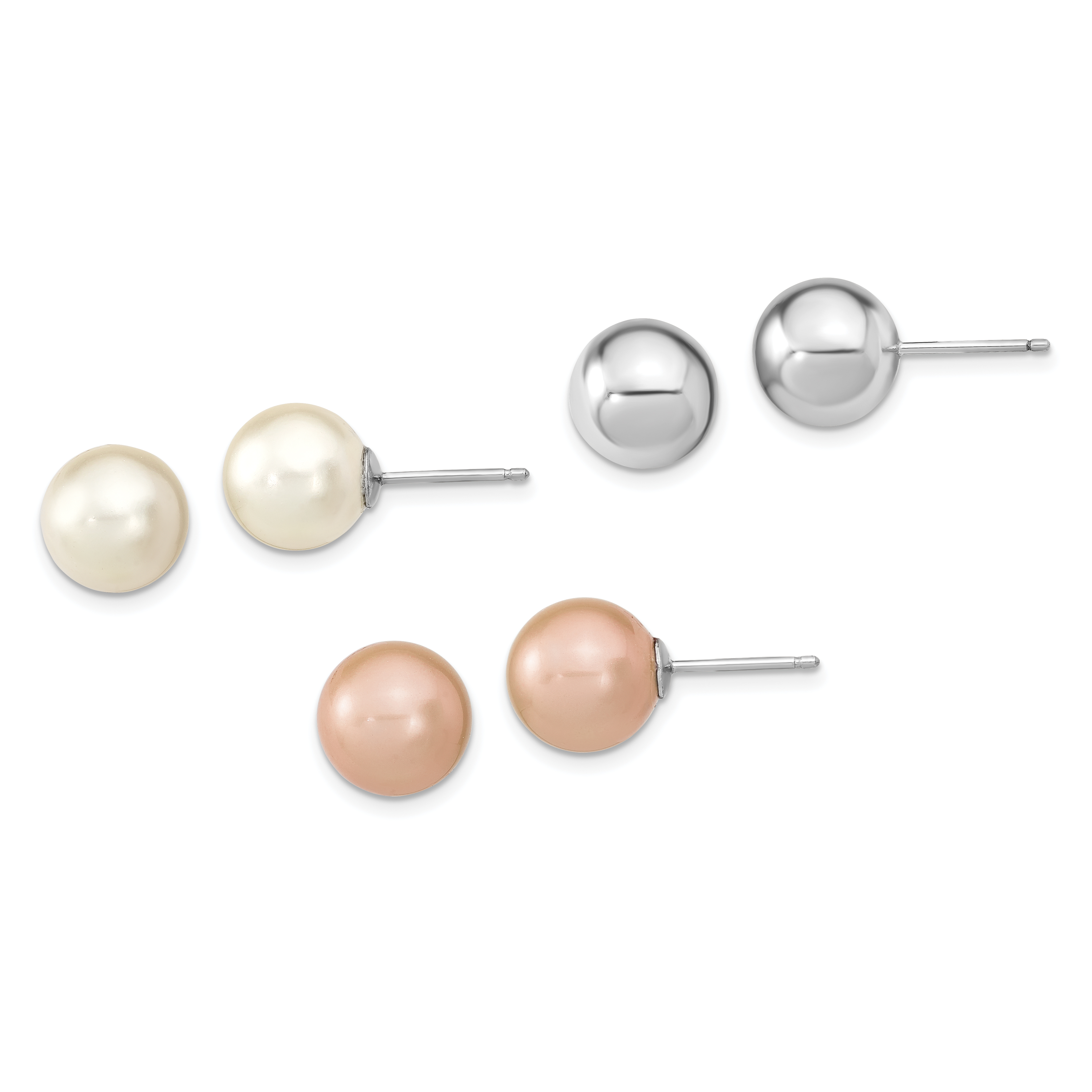 Sterling Silver Rh-pl 10-11mm Wht/Pink Imitation Shell Pearl 3 Earring Set (QE13845SET)