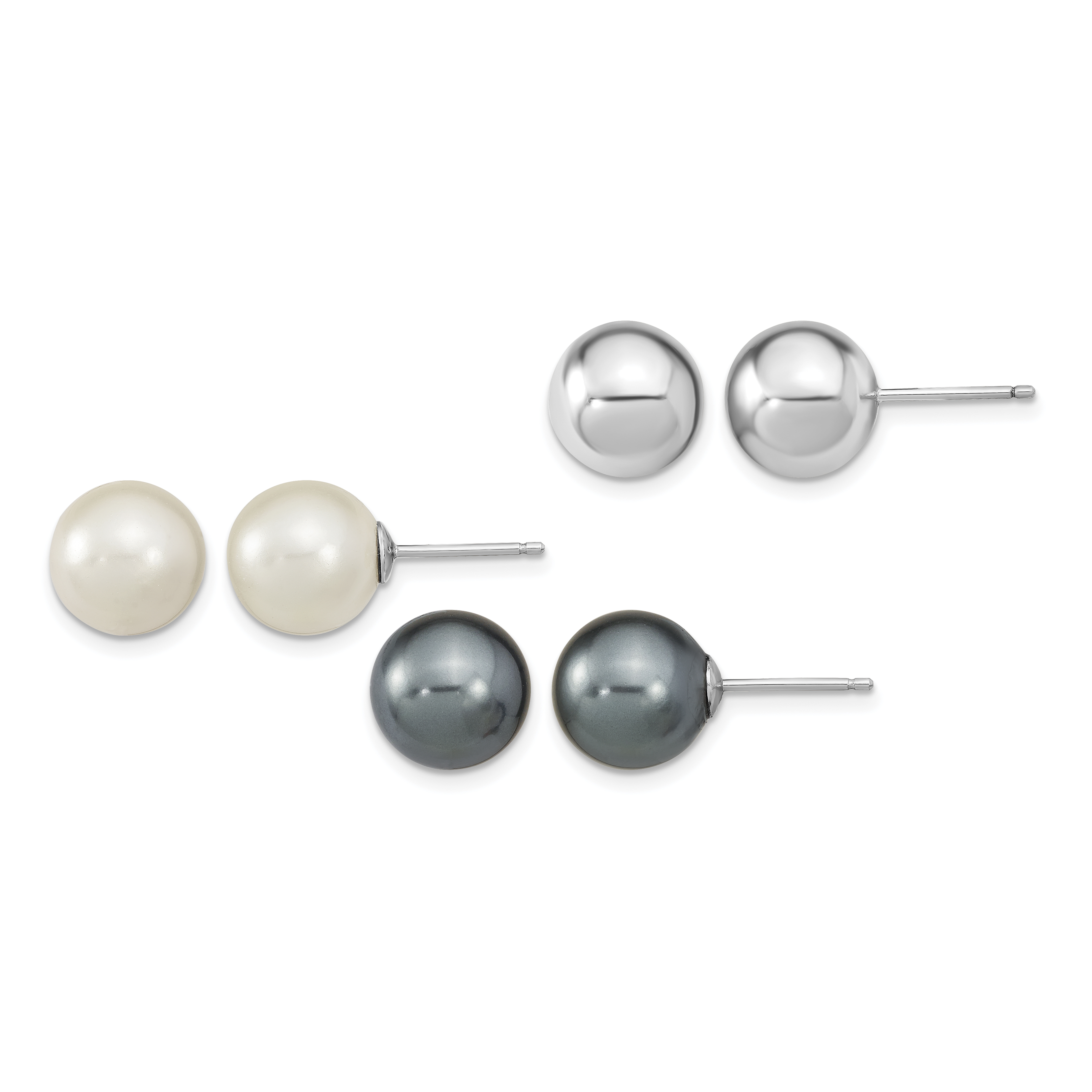 Sterling Silver Rhodium-plated 10-11mm White and Grey 10-11mm Round Imitation Shell Pearl and Ball Stet of 3 Post Earrings (QE13849SET)