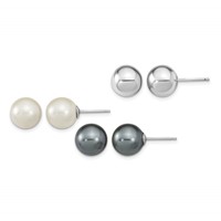 Sterling Silver Rhodium-plated 10-11mm White and Grey 10-11mm Round Imitation Shell Pearl and Ball Stet of 3 Post Earrings view 1