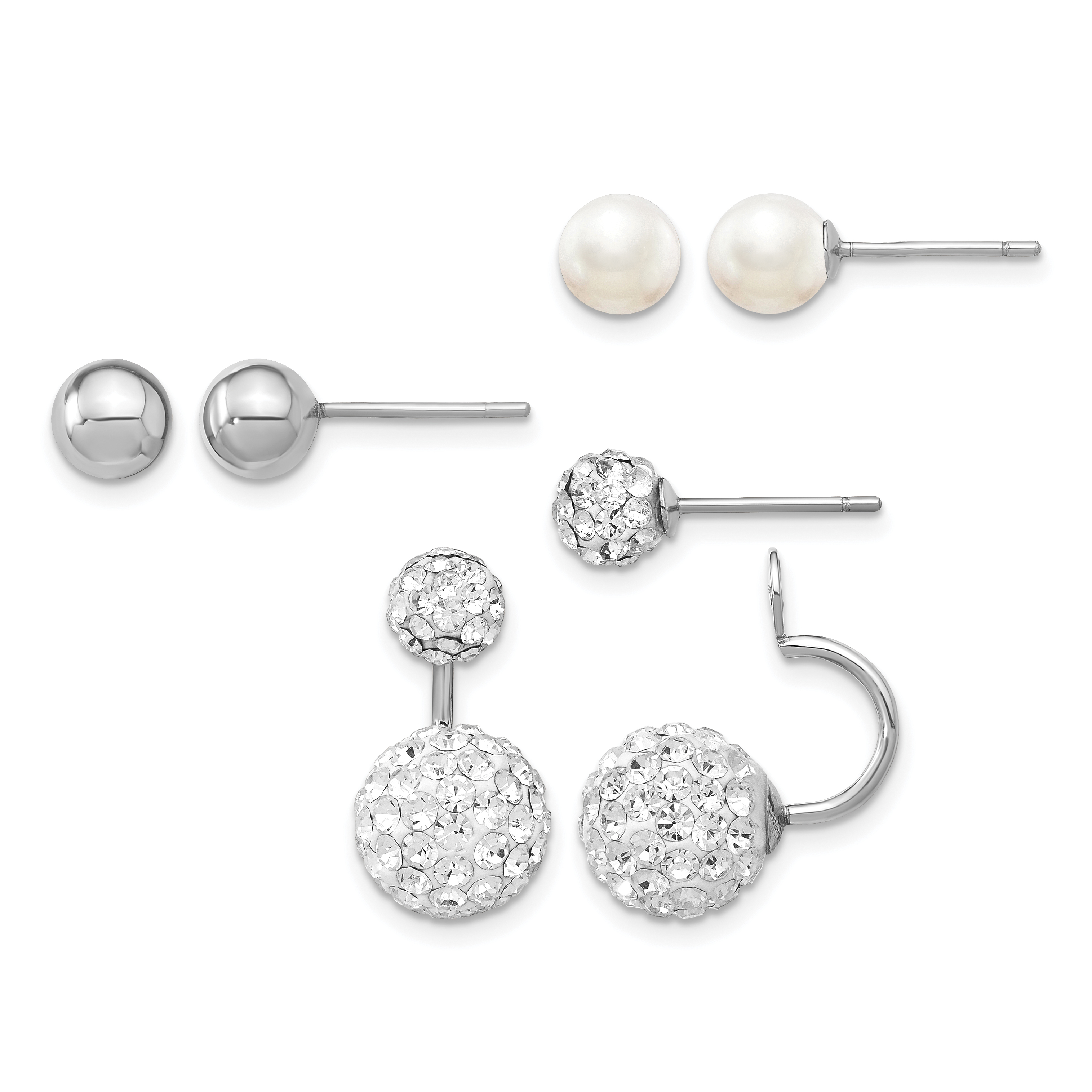 Sterling Silver RH  3 pair MOP & Crystal Front Dangle Back Earring Set (QE13850SET)