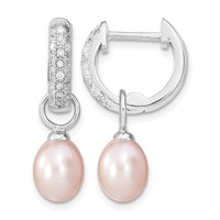 Sterling Silver Rhodium-plated 7-8mm Pink and White Rice Freshwater Cultured Pearl and CZ Interchangeable Post Earrings Set view 4
