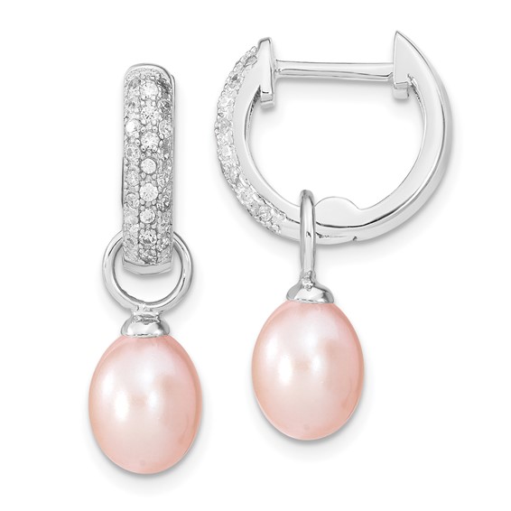 Sterling Silver Rhodium-plated 7-8mm Pink and White Rice Freshwater Cultured Pearl and CZ Interchangeable Post Earrings Set