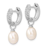 Sterling Silver Rhodium-plated 7-8mm Pink and White Rice Freshwater Cultured Pearl and CZ Interchangeable Post Earrings Set view 5