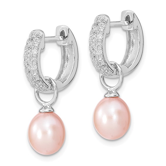 Sterling Silver Rhodium-plated 7-8mm Pink and White Rice Freshwater Cultured Pearl and CZ Interchangeable Post Earrings Set