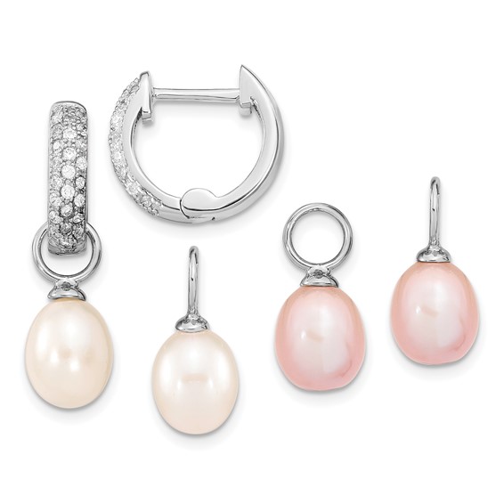 Sterling Silver Rhodium-plated 7-8mm Pink and White Rice Freshwater Cultured Pearl and CZ Interchangeable Post Earrings Set