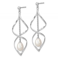 Sterling Silver Rhodium-plated 7-8mm White Rice Freshwater Cultured Pearl Post Dangle Earring view 2