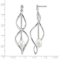 Sterling Silver Rhodium-plated 7-8mm White Rice Freshwater Cultured Pearl Post Dangle Earring view 4
