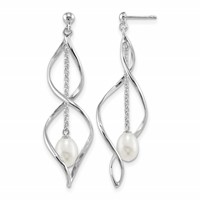 Sterling Silver Rhodium-plated 7-8mm White Rice Freshwater Cultured Pearl Post Dangle Earring view 1