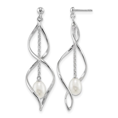 Sterling Silver Rhodium-plated 7-8mm White Rice Freshwater Cultured Pearl Post Dangle Earring